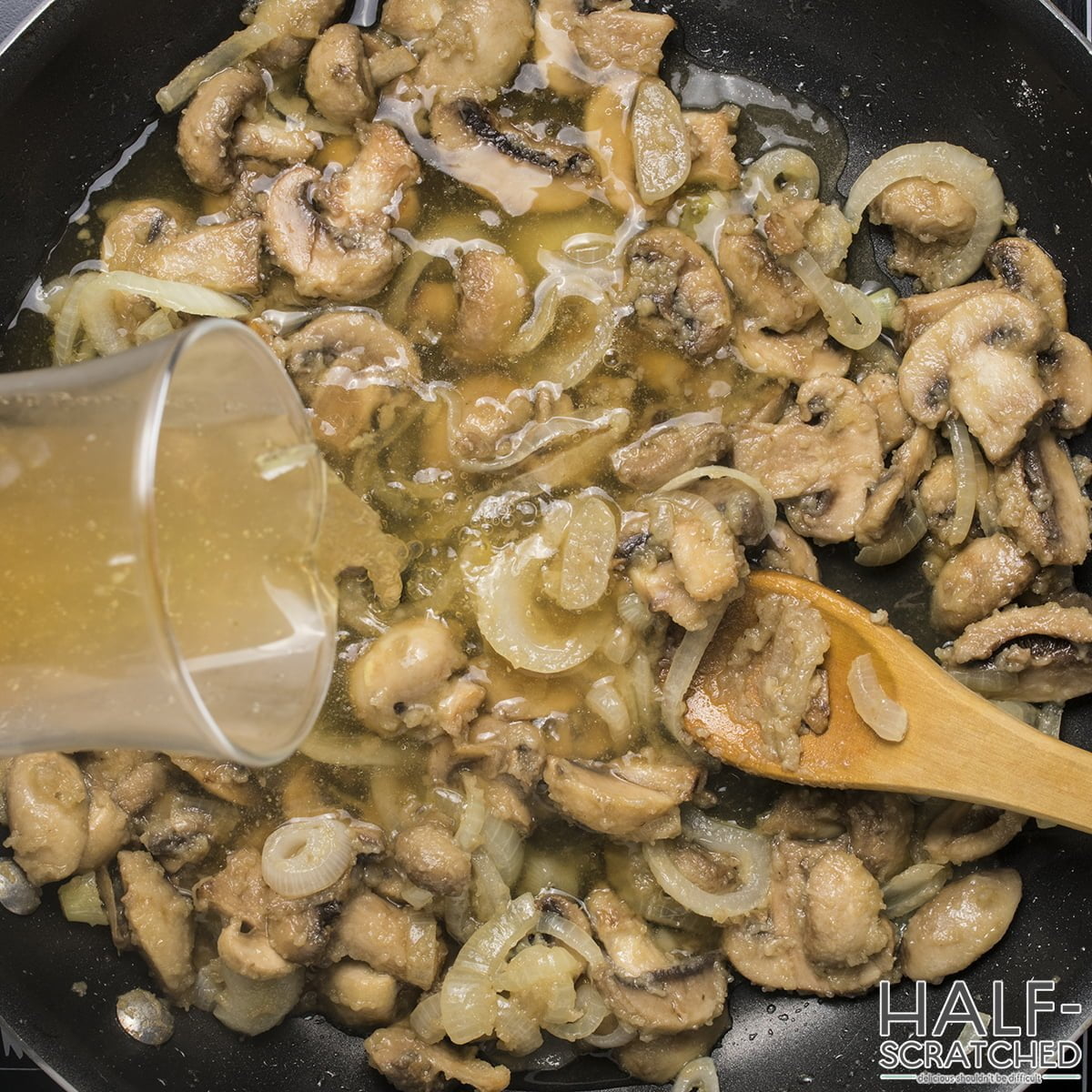 Adding Broth to Beef Stroganoff