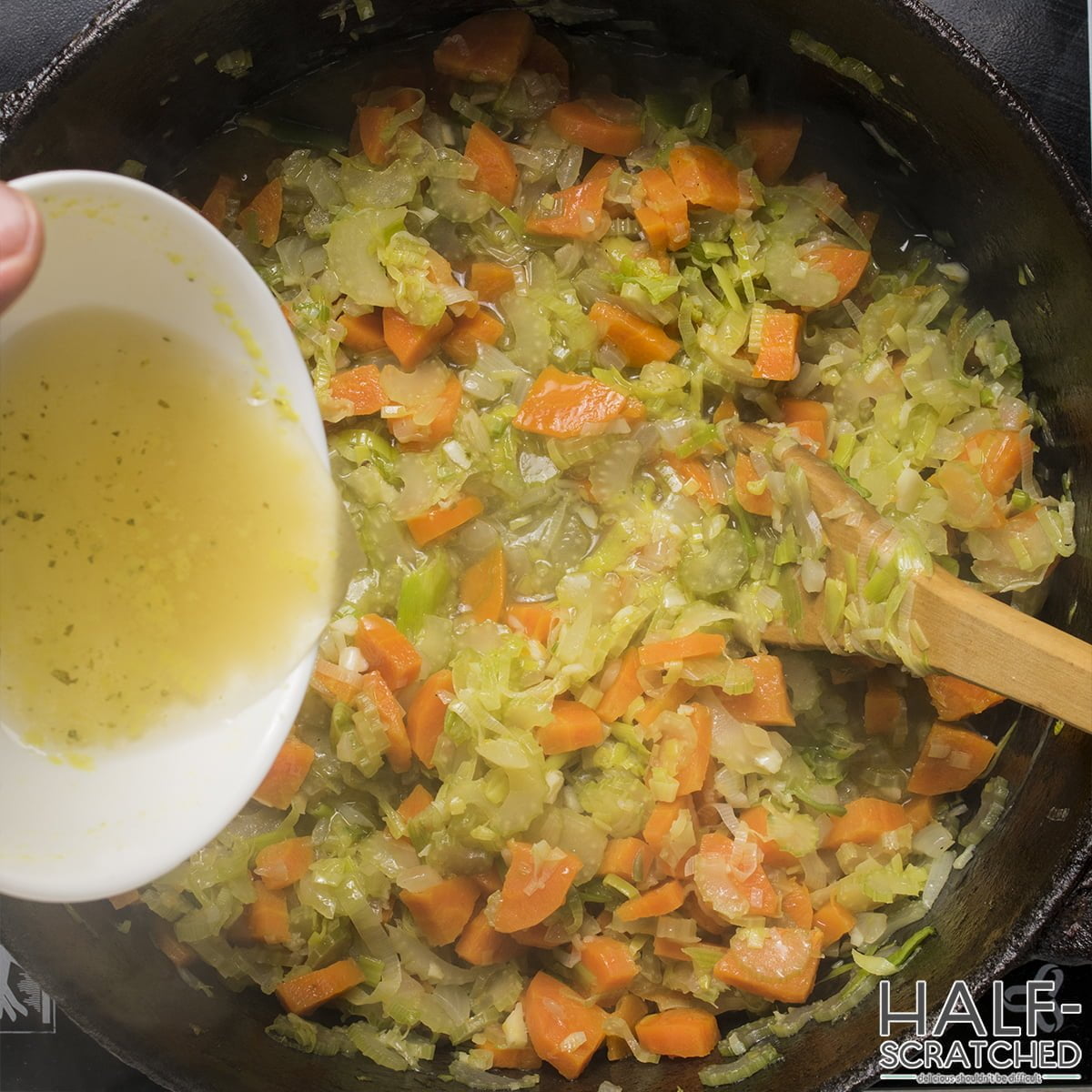 Adding the vegetable stock