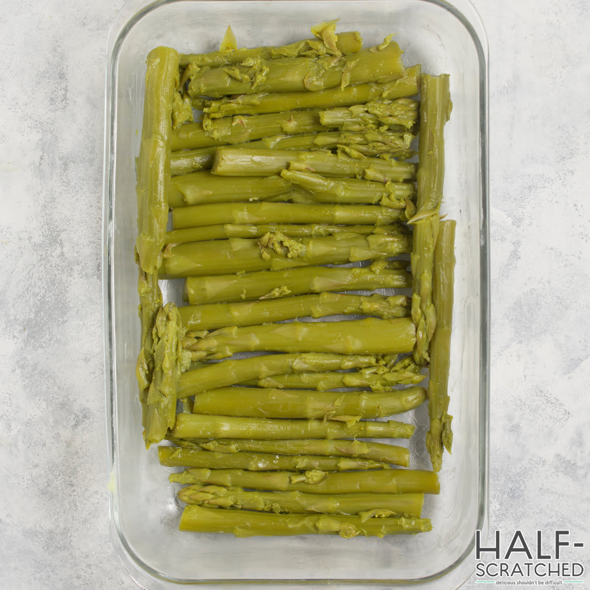 Canned asparagus in baking dish