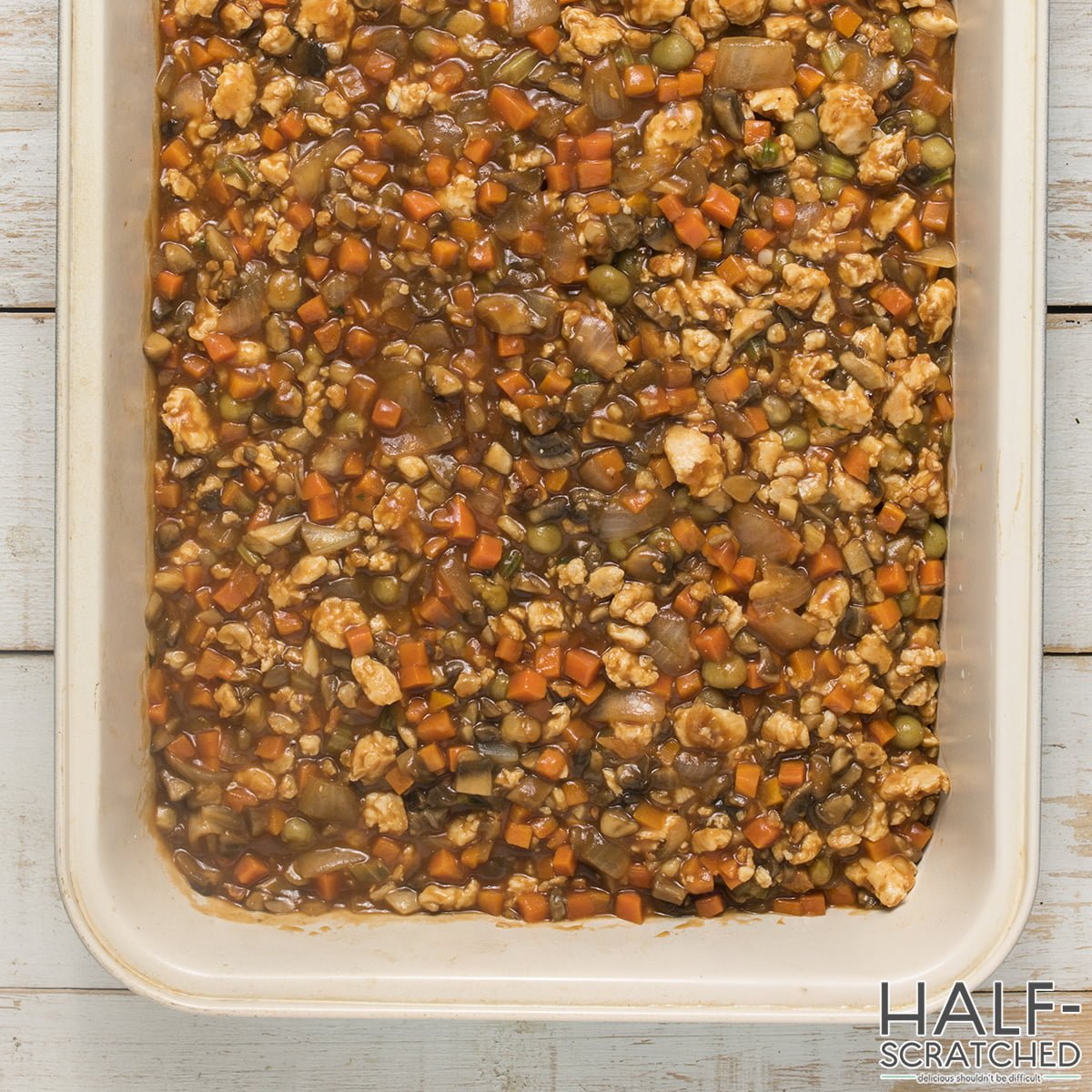 Shepherd's pie mixture in baking dish