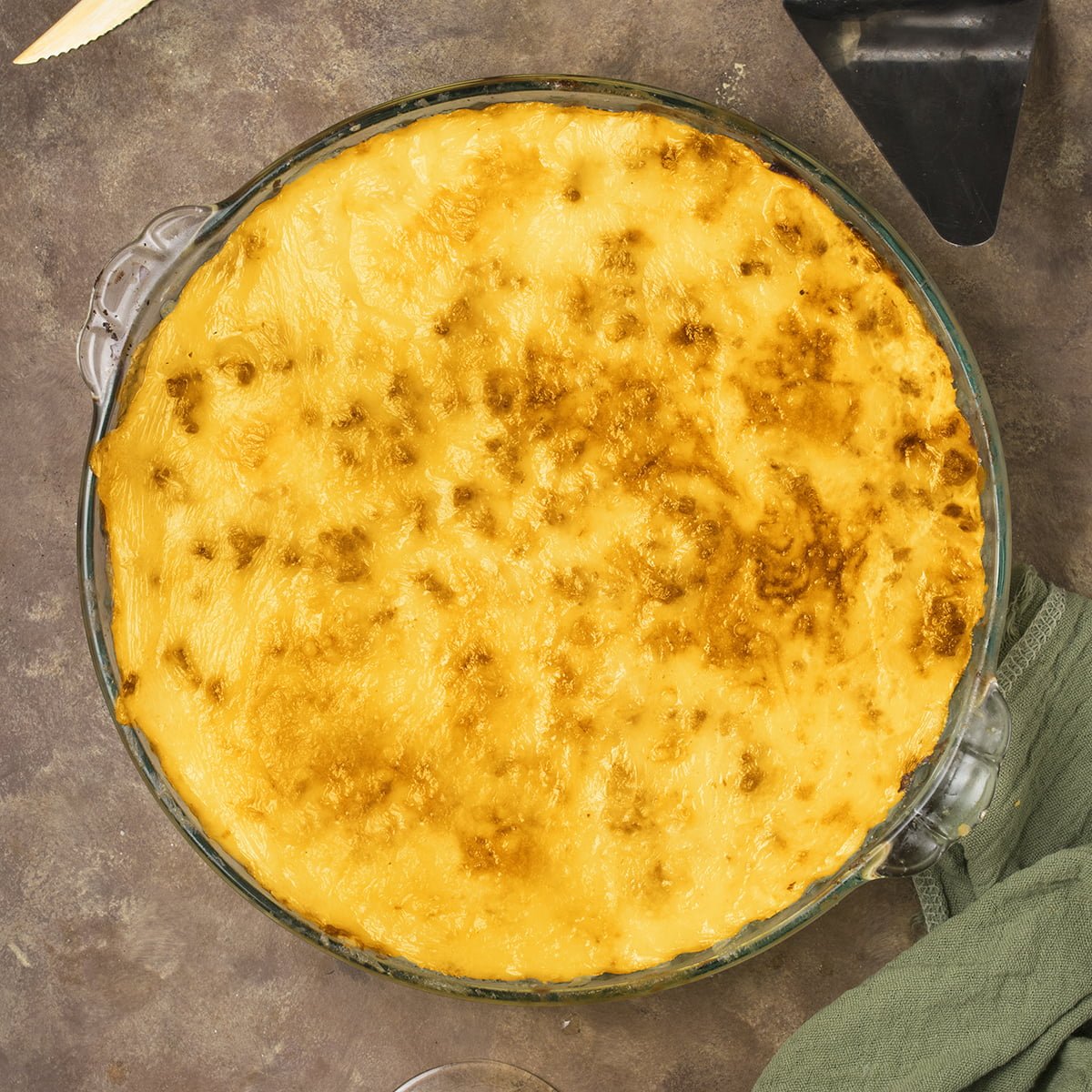 Overhead view of a cheeseburger pie recipe