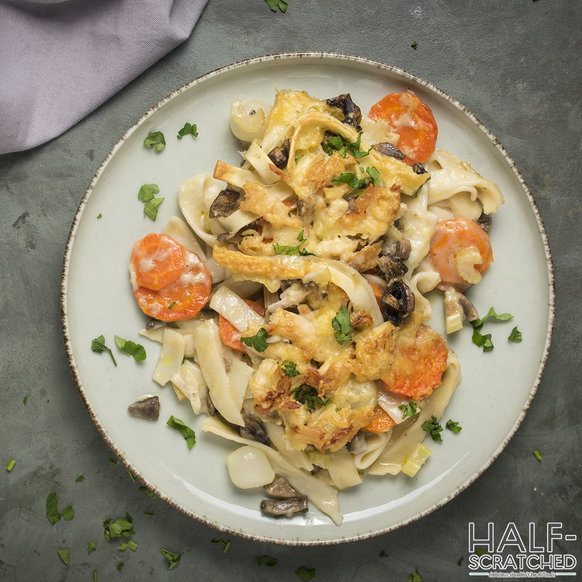 Top view of a plate with Chicken Noodle Casserole