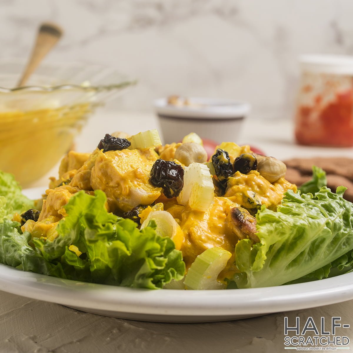 Close view of curry chicken salad recipe
