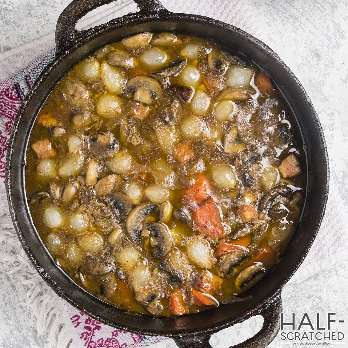 Dutch oven with beef bourguignon
