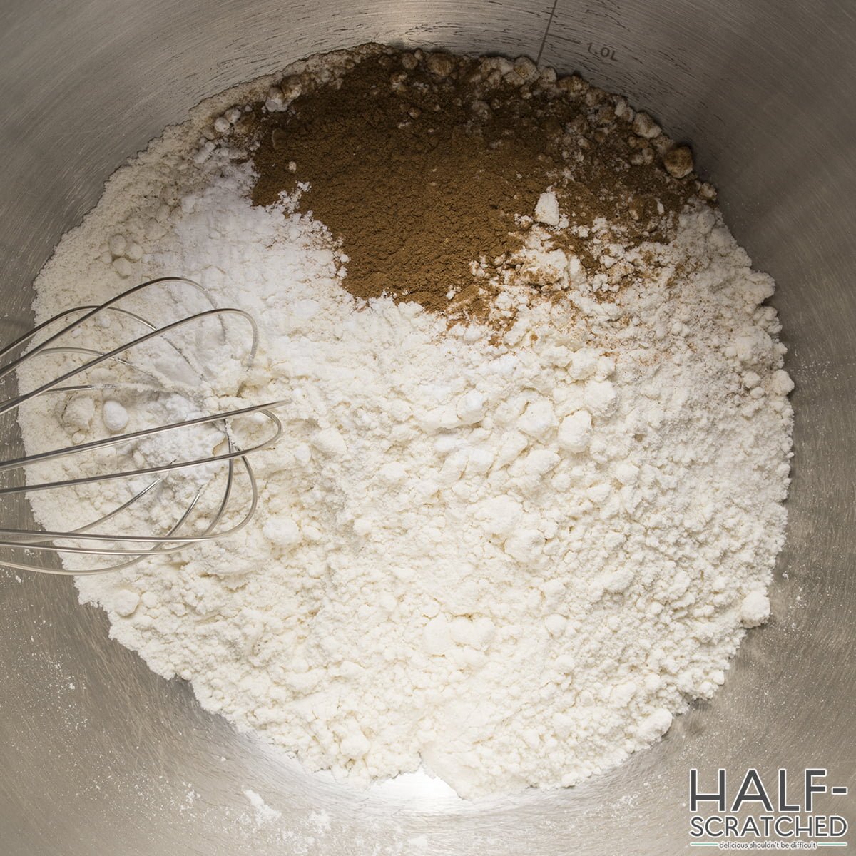 Dry cake ingredients in a bowl