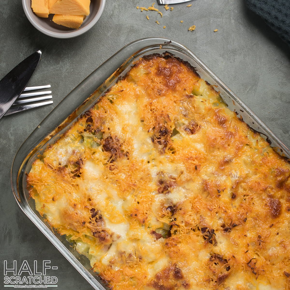 Baking dish with Pioneer Woman hashbrown breakfast casserole