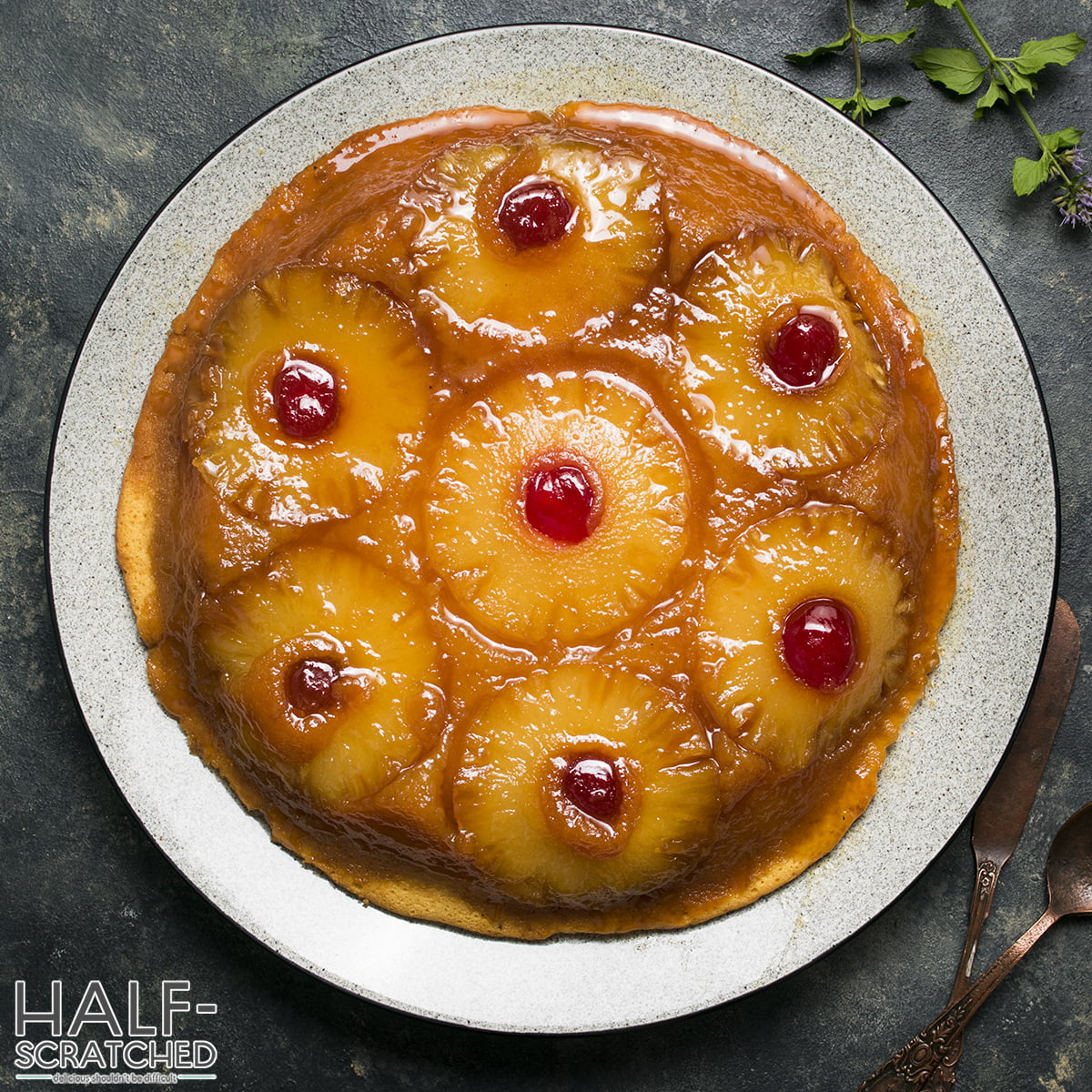 Overhead view of pioneer woman pineapple upside down cake