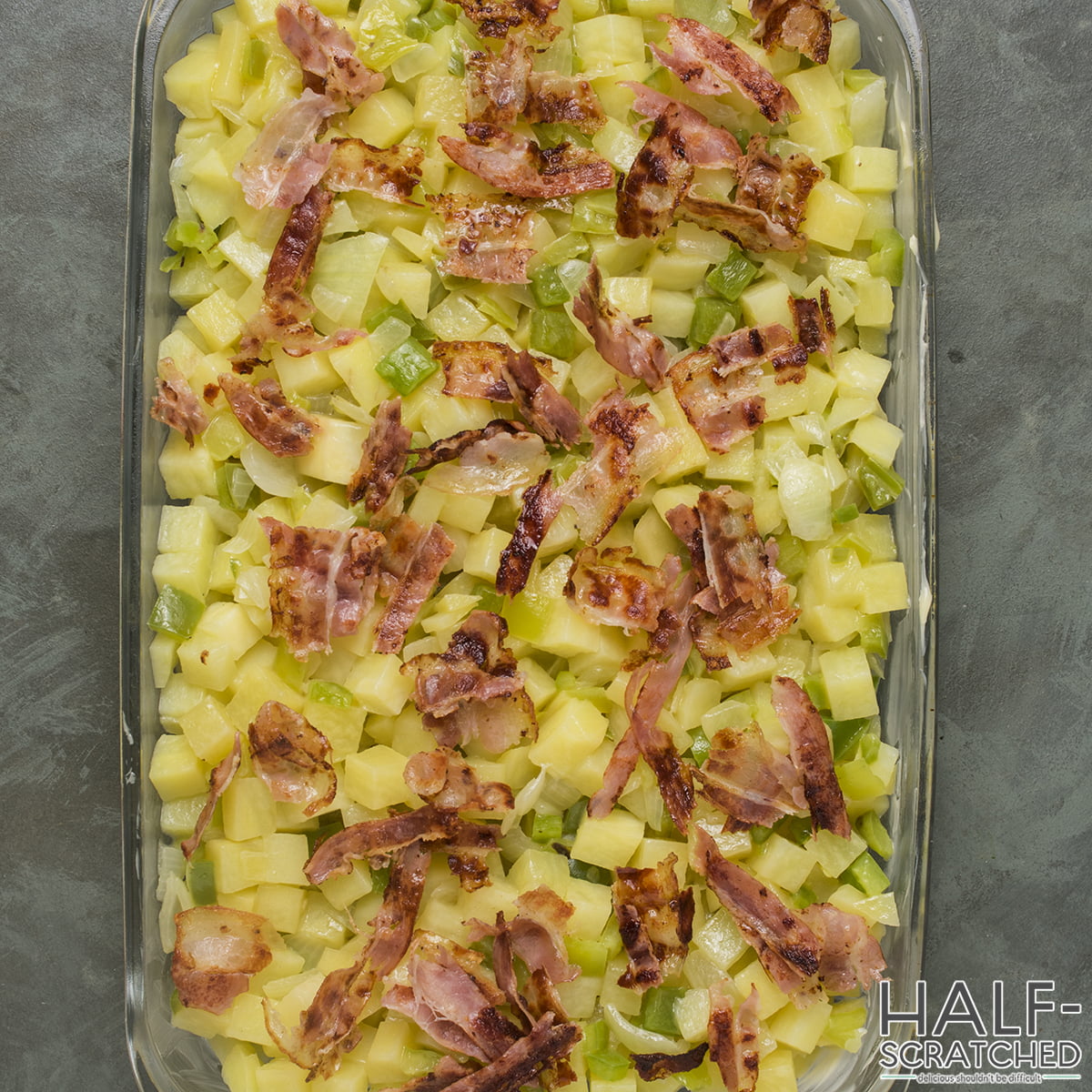 Bacon with hashbrowns in baking dish