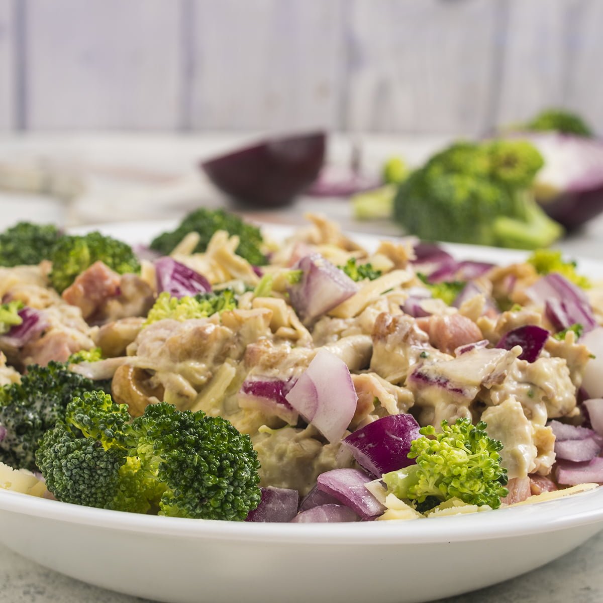 Close up view of Chicken Salad Chick Broccoli Salad