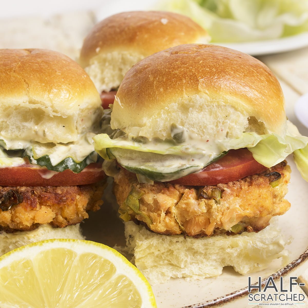 Close view of salmon patties sandwiches