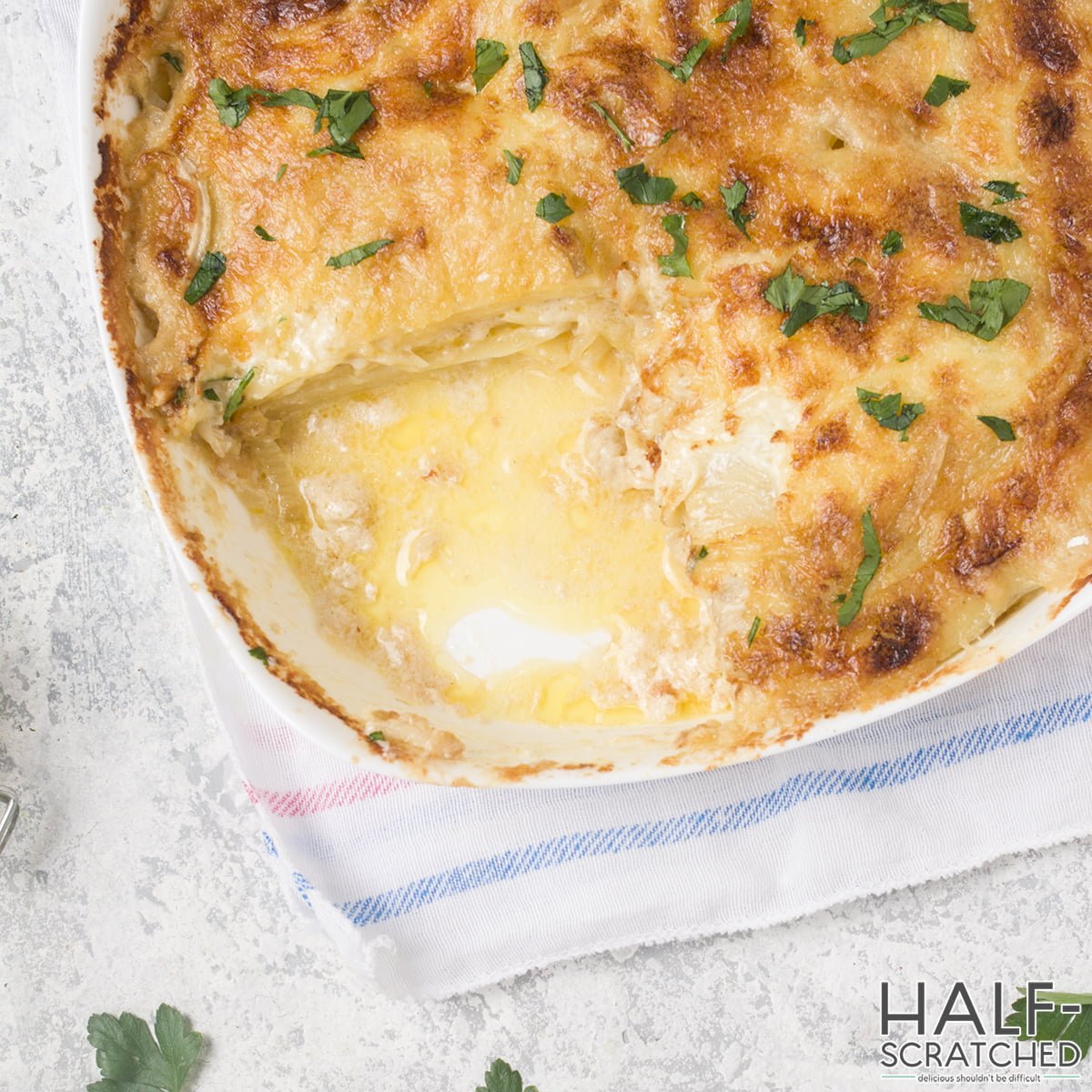 A top view of Scalloped potatoes 