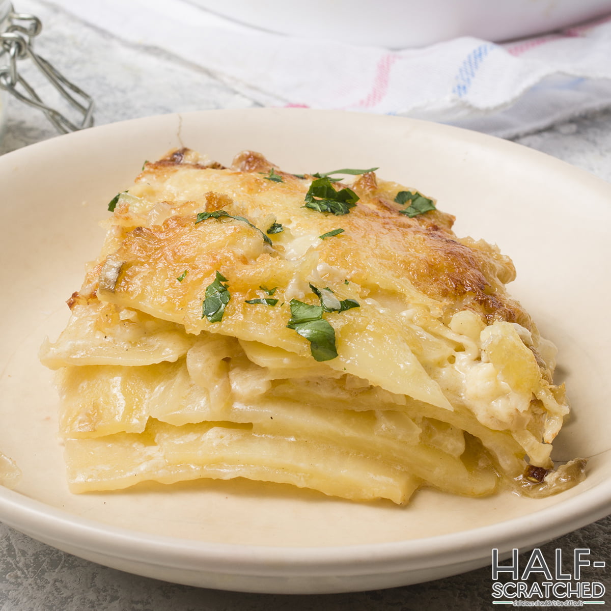 Scalloped potatoes in plate