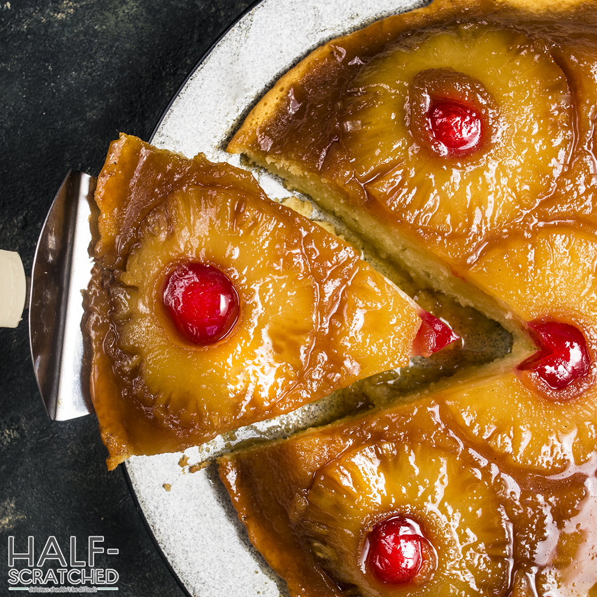 Overhead view of an upside down pineapple slice cake
