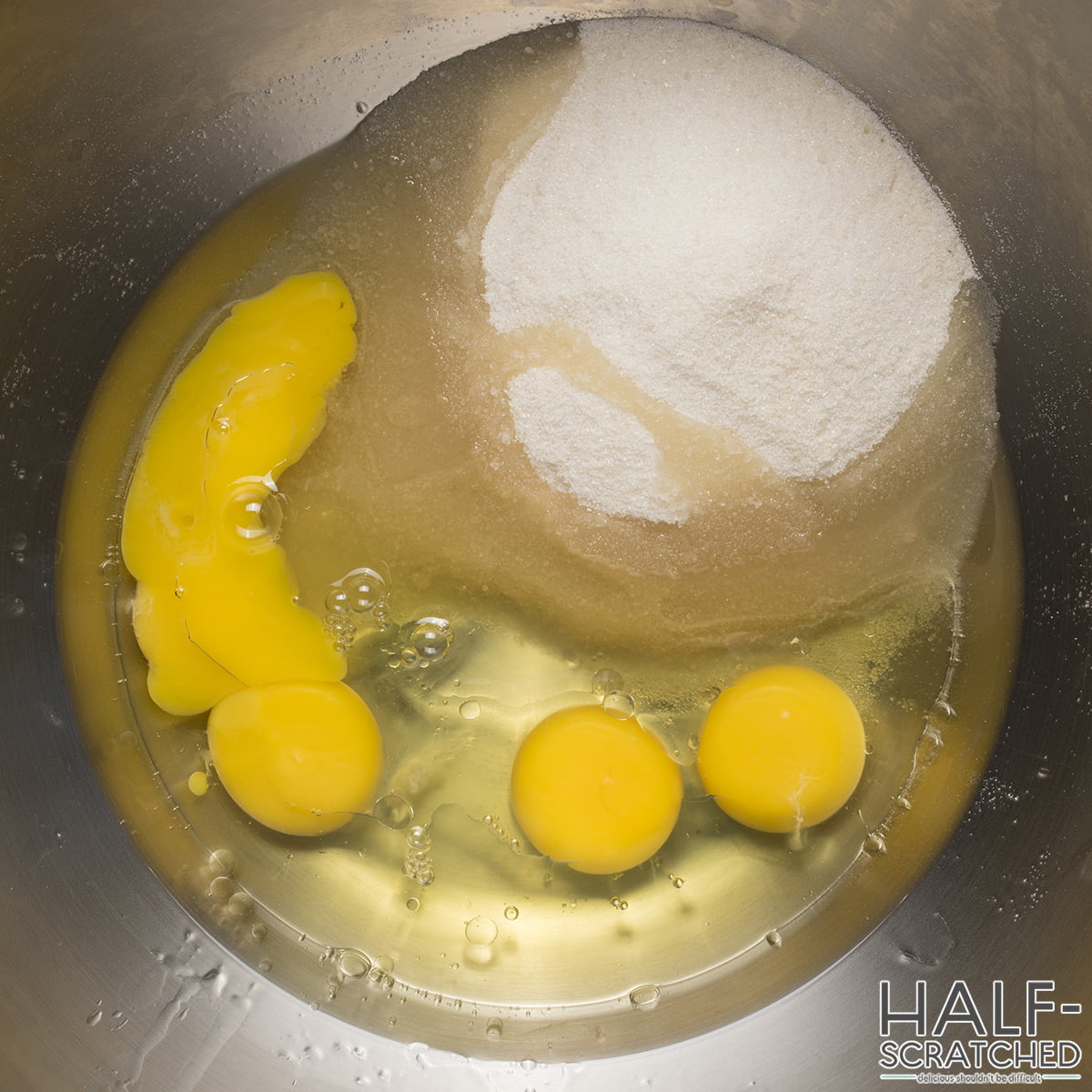 Eggs and sugar in a bowl