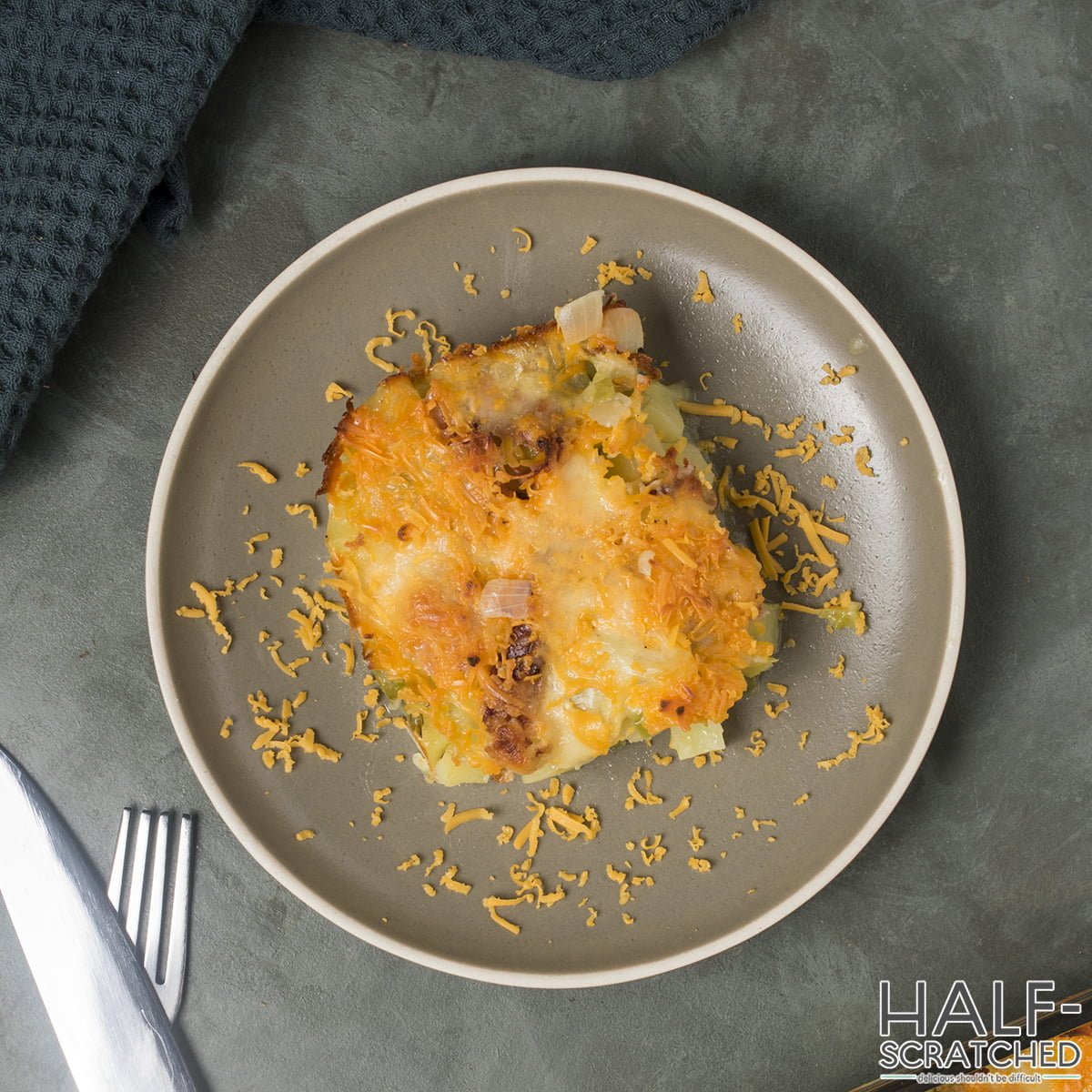 Overhead view of hashbrowns casserole