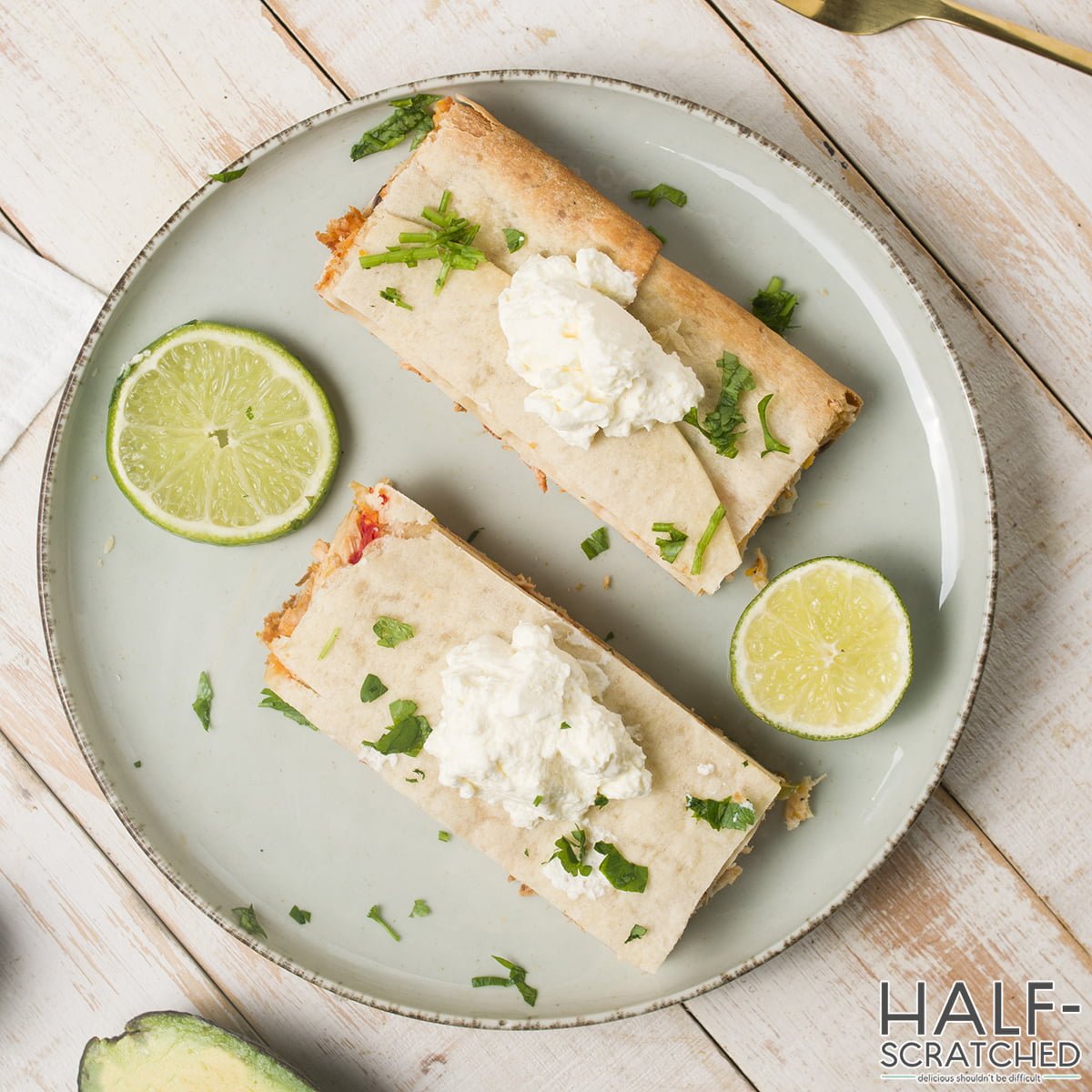 Overhead view of a plate with sheet pan quesadilla recipe