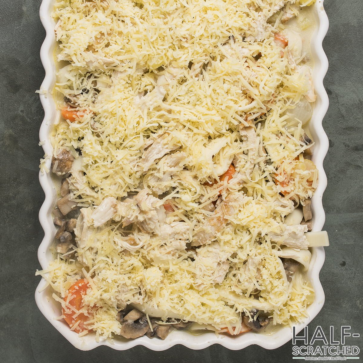 Parmesan cheese on chicken noodle casserole