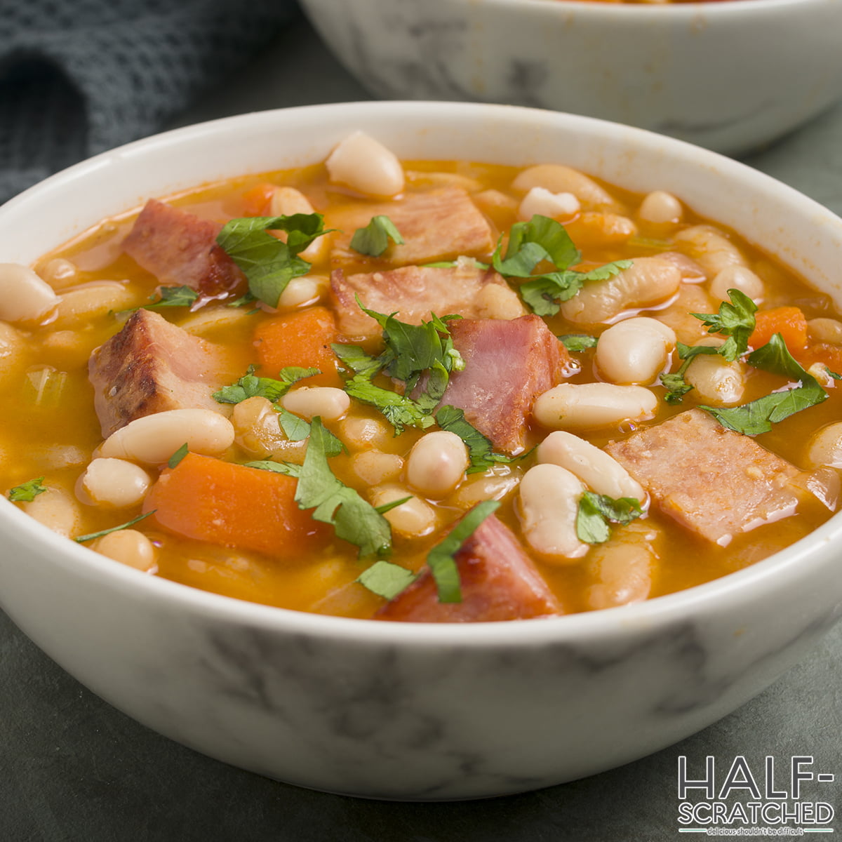 Close view of Pioneer Woman's ham and bean soup