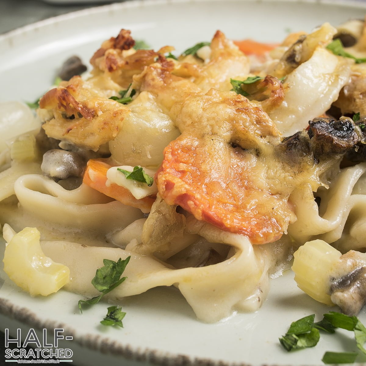 A close view of Pioneer Woman's chicken noodle casserole