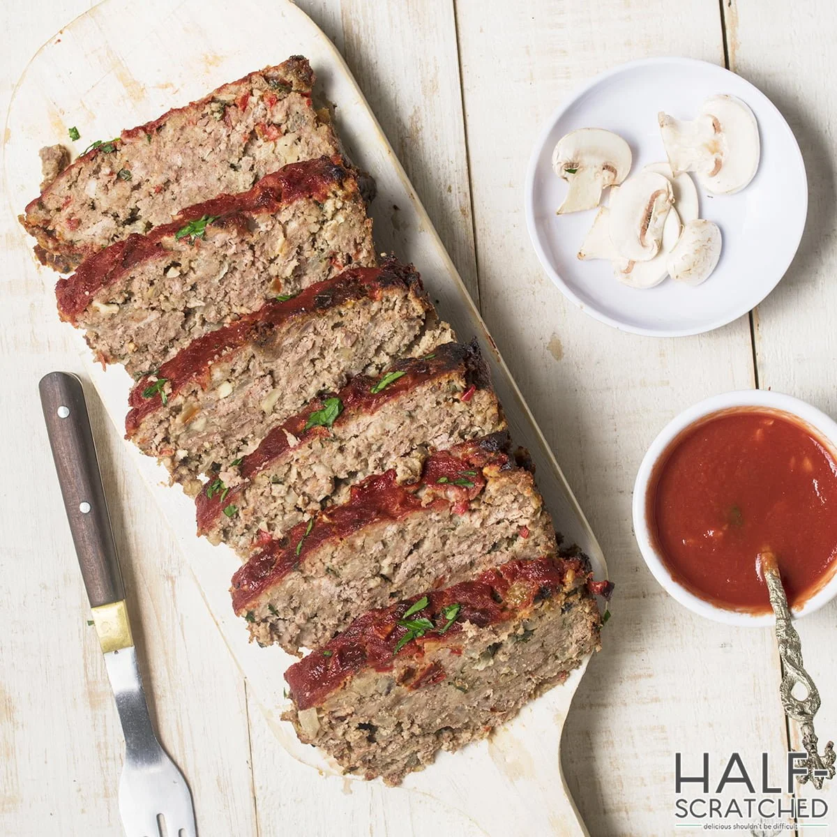 Overhead view of several portions of meatloaf