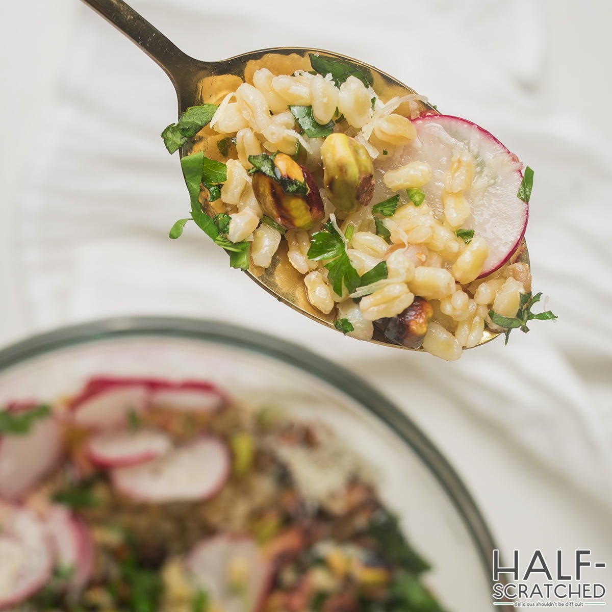 A spoon with farro salad