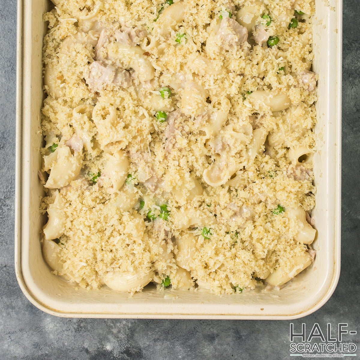 Tuna Casserole covered with panko mixture