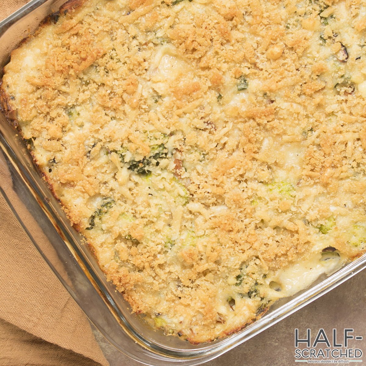 Baking dish with Ina Garten's chicken divan recipe