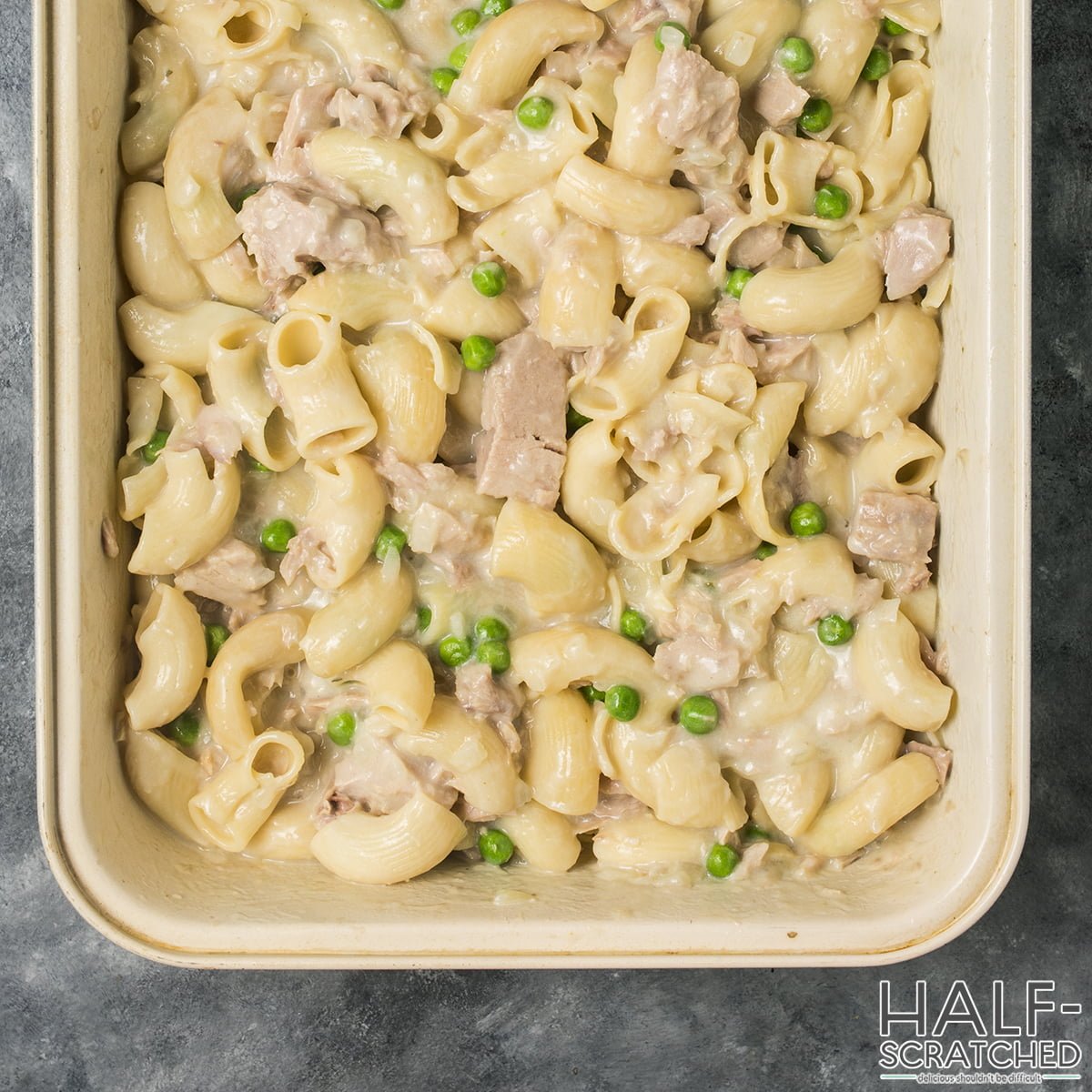 A baking dish with Tuna Casserole