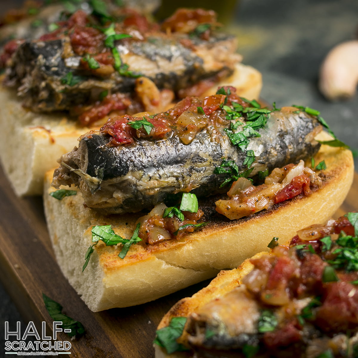 Close view Sardines in Tomato Sauce with bread