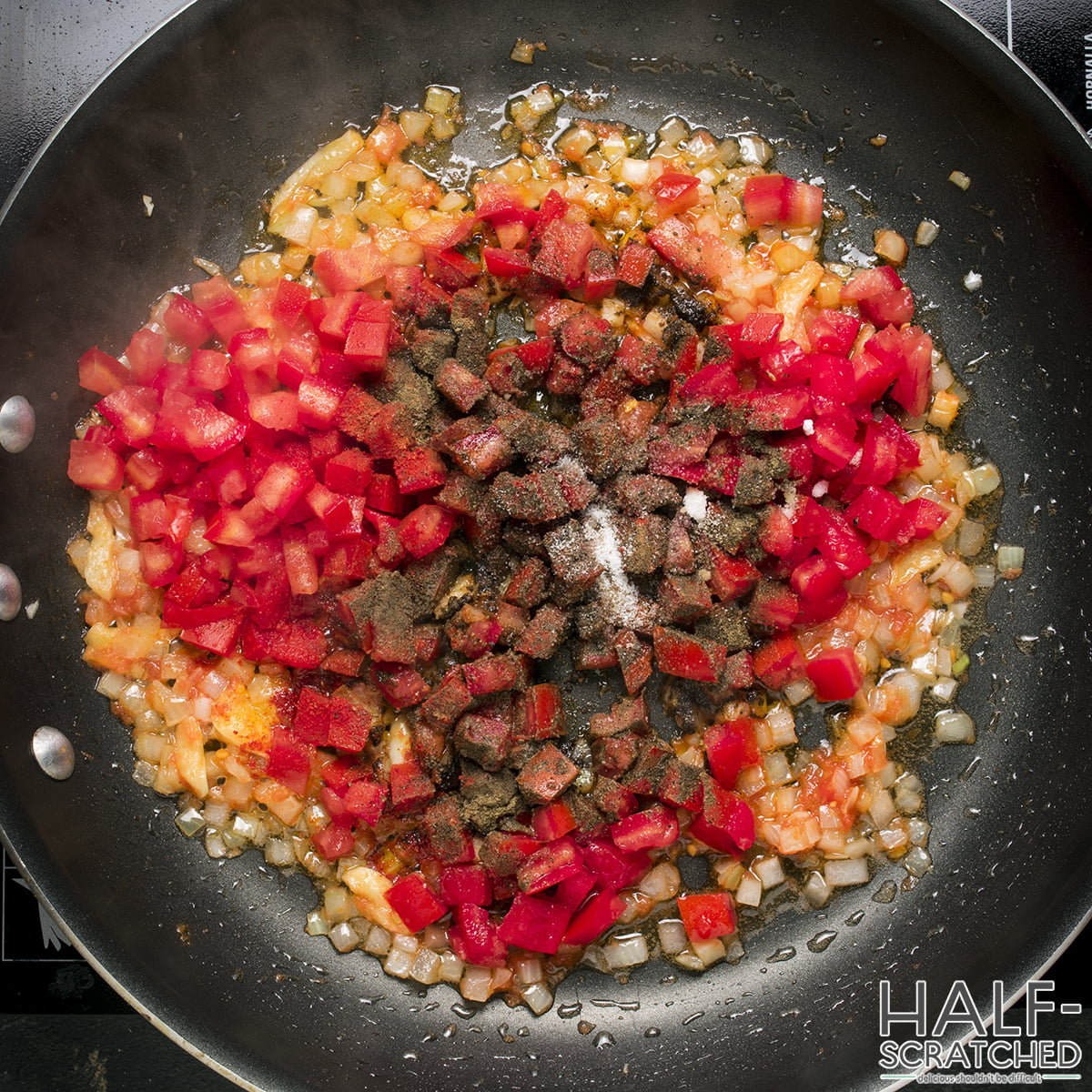  Diced tomato, salt, black pepper, and paprika