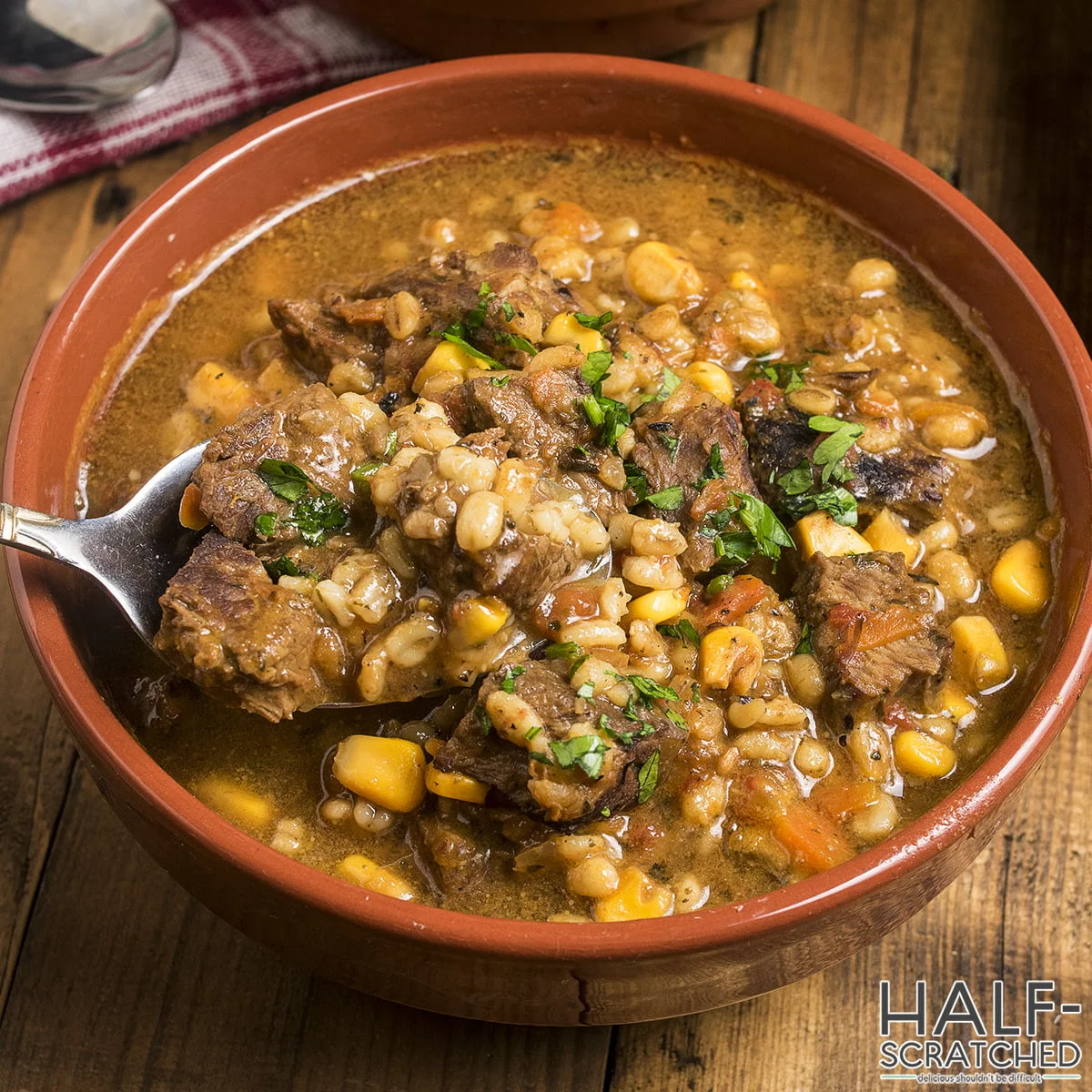 Spoonful of beef and barley soup.