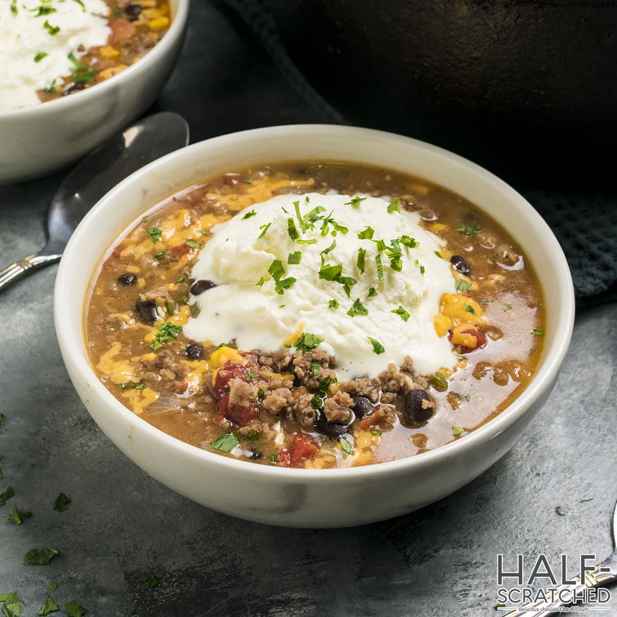 Serving of Pioneer Woman's taco soup in a bowl