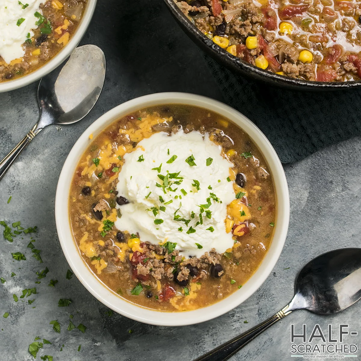 Pioneer Woman's taco soup in bowls