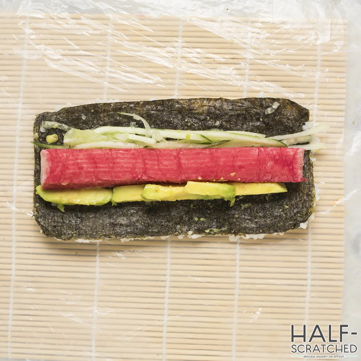 Kanikama and Avocado on Seaweed for Volcano Roll