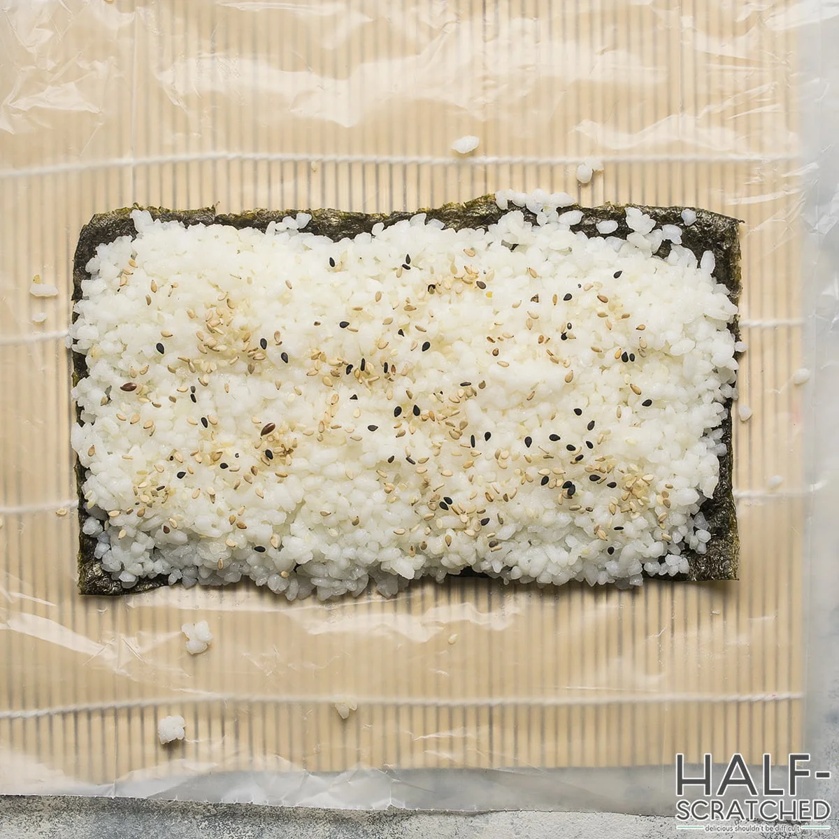 Sushi Rice on Seaweed Sheet for Volcano Rol