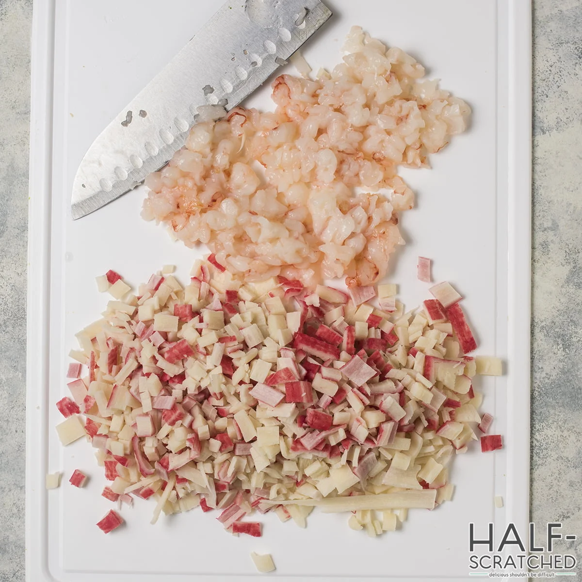 Chopped Shrimp and Kanikama for Volcano Roll Sushi