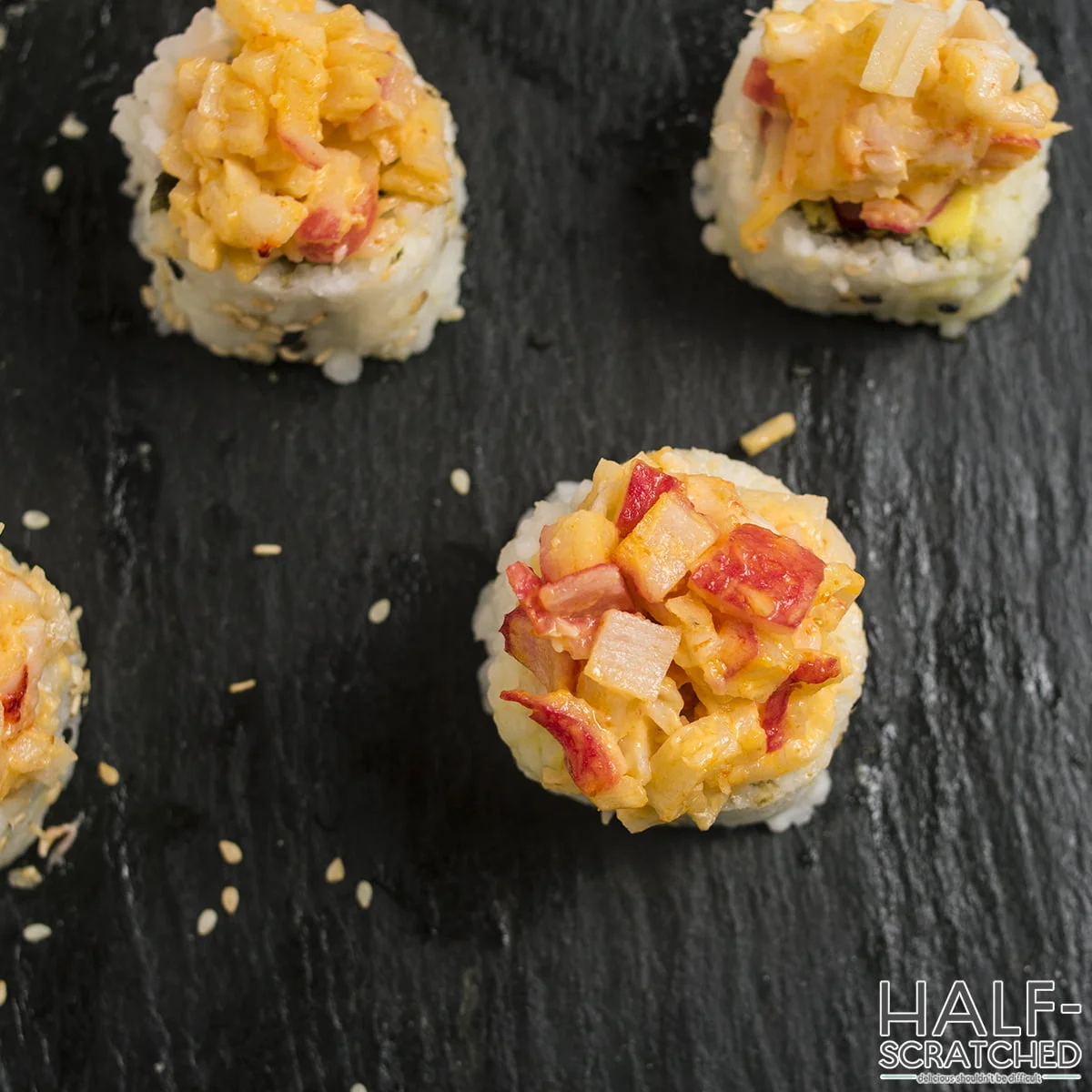 Top View of Volcano Roll Sushi Pieces